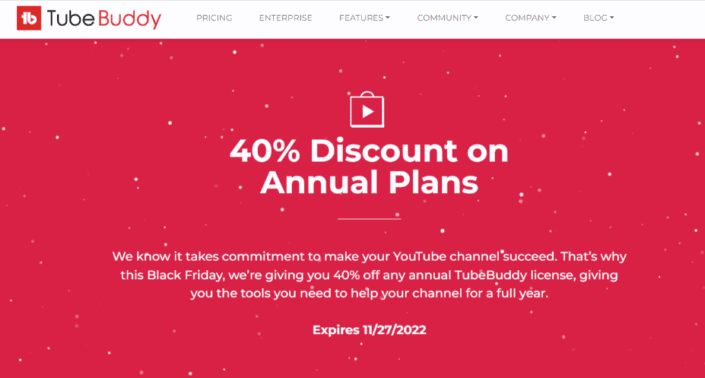 Visiter la page officielle du Black Friday du site TubeBuddy