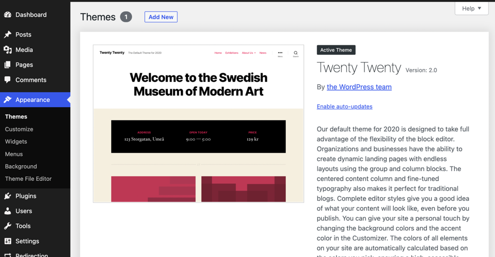 Twenty Twenty, un des thèmes WordPress par défaut