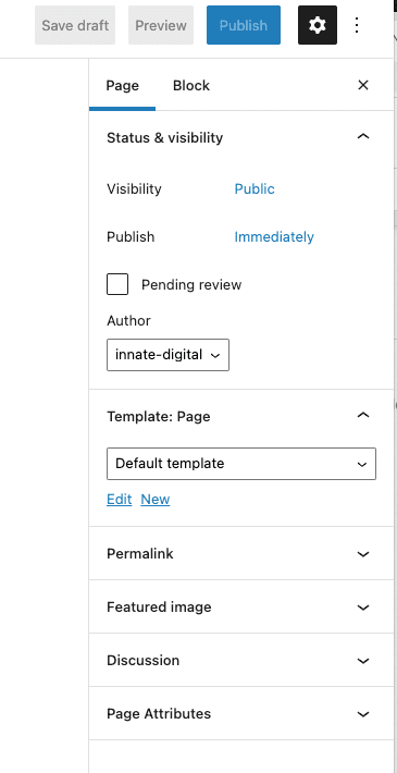 Paramètre de page WordPress indiquant le statut et la visibilité, la page de modèle, le lien permanent, l'image en vedette, etc.