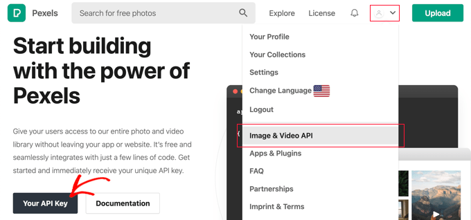 Wählen Sie im Benutzermenü „Images & Video API“ und klicken Sie dann auf die Schaltfläche „Your API Key“.