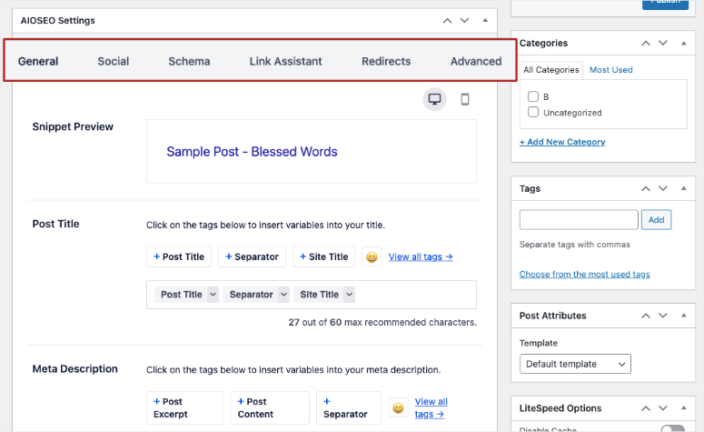 aioseo sulle impostazioni della pagina nell'editor di post - IsItWP - Rilevatore di temi WordPress gratuito aioseo on page settings in post editor