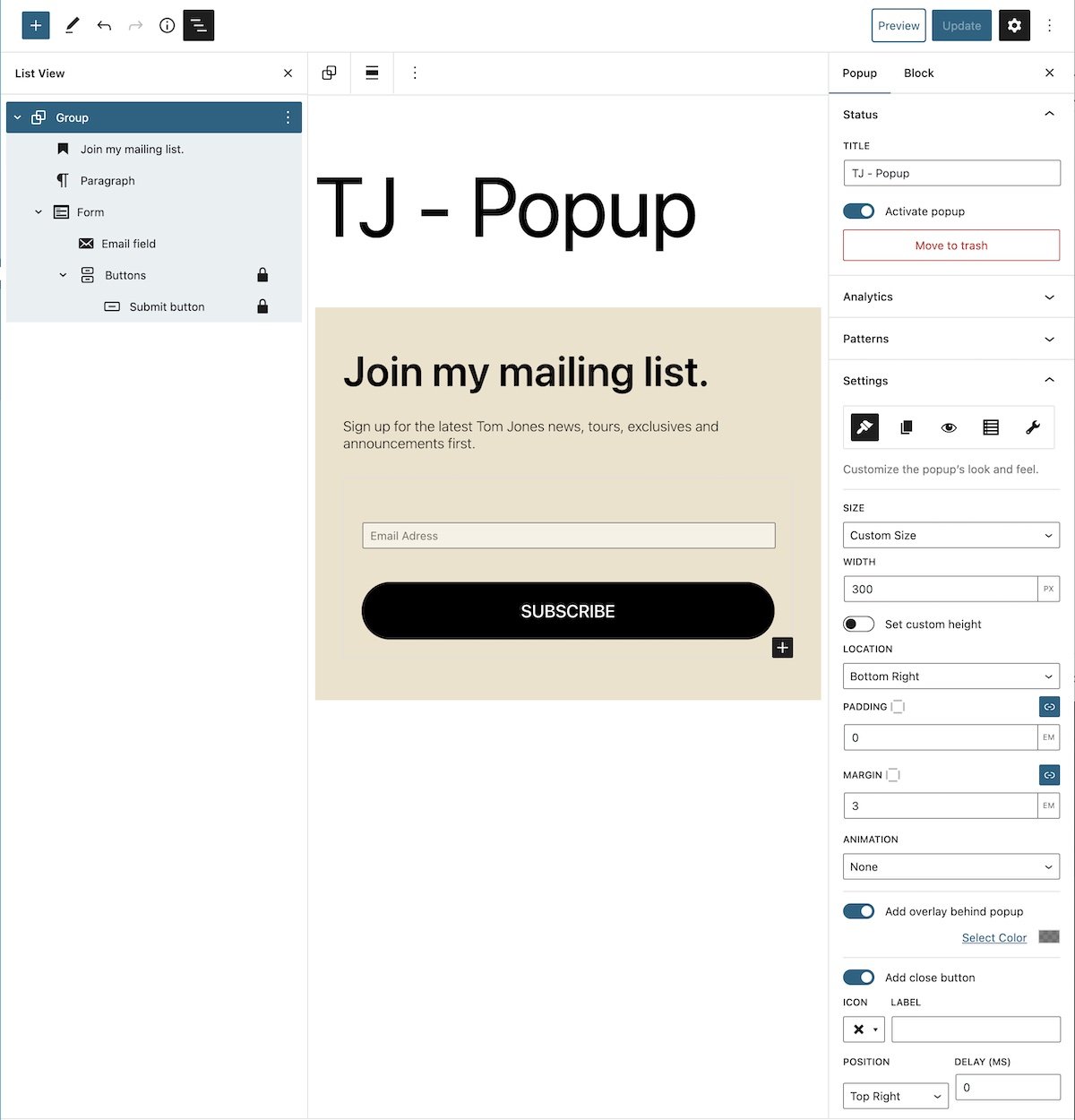 Creazione di un popup come quello mostrato sul sito web di Tom Jones