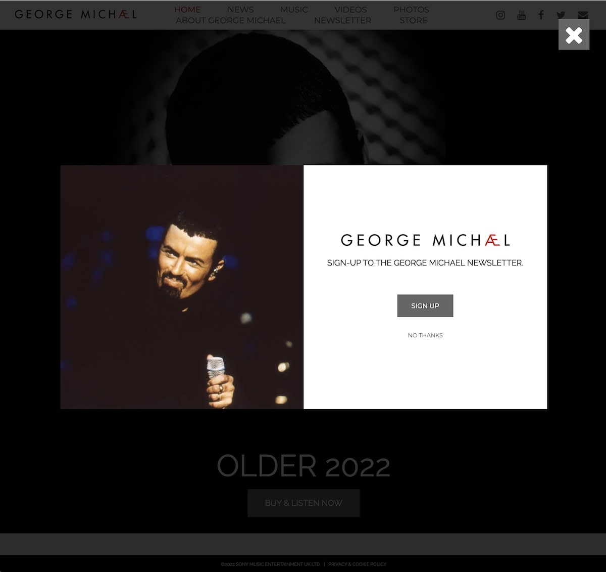 Popup mostrato sul sito web di George Michael