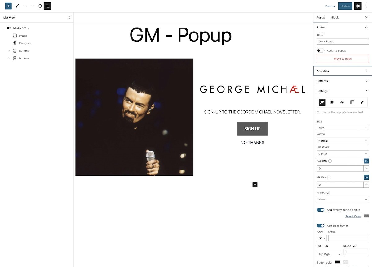 Creazione di un popup come quello mostrato sul sito Web di George Michael