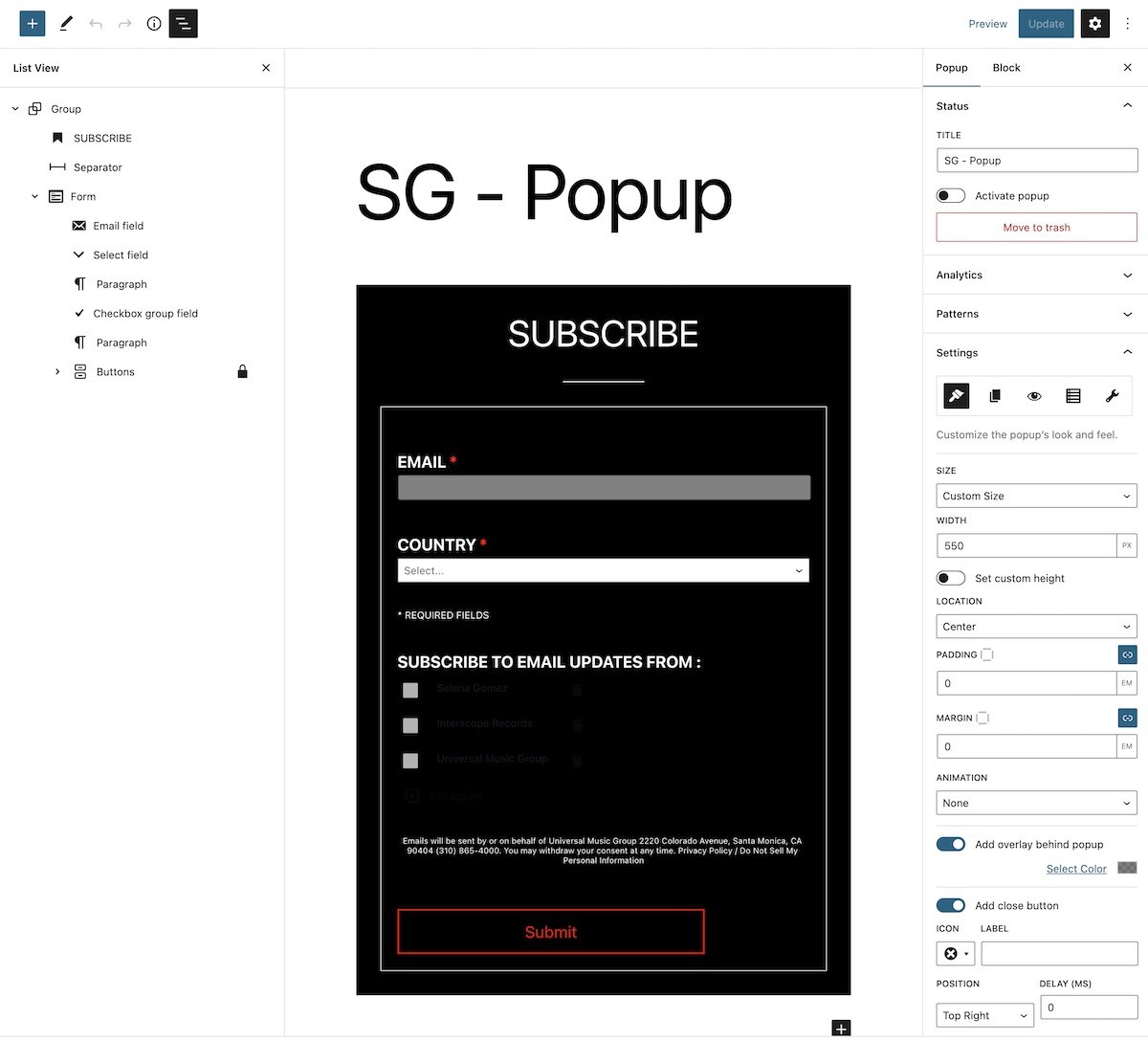 Creazione di un popup come quello mostrato sul sito web di Selena Gomez