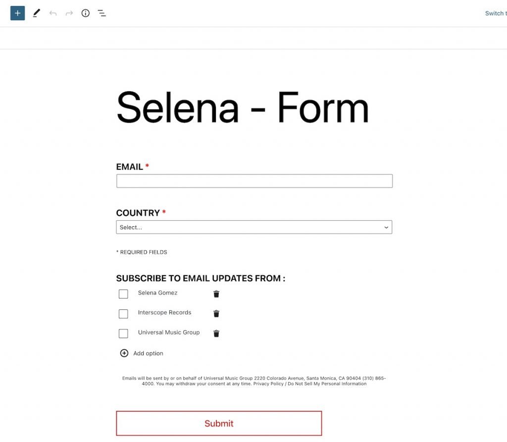 Modulo creato per il popup di Selena Gomez