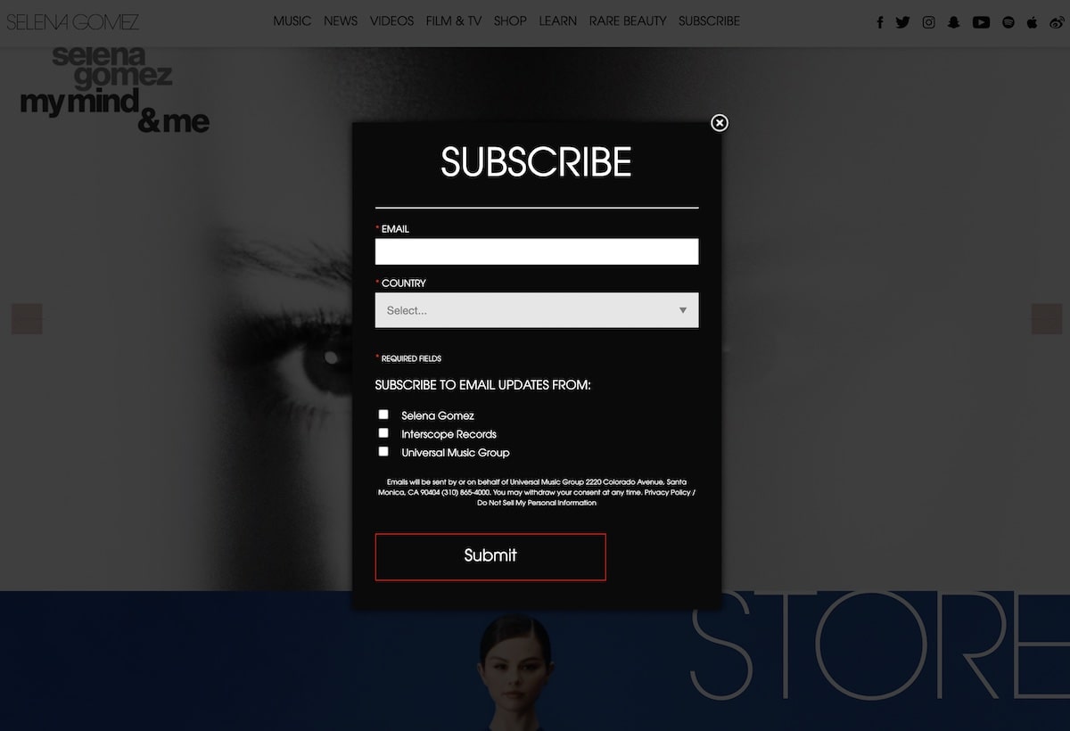 Popup mostrato sul sito web di Selena Gomez