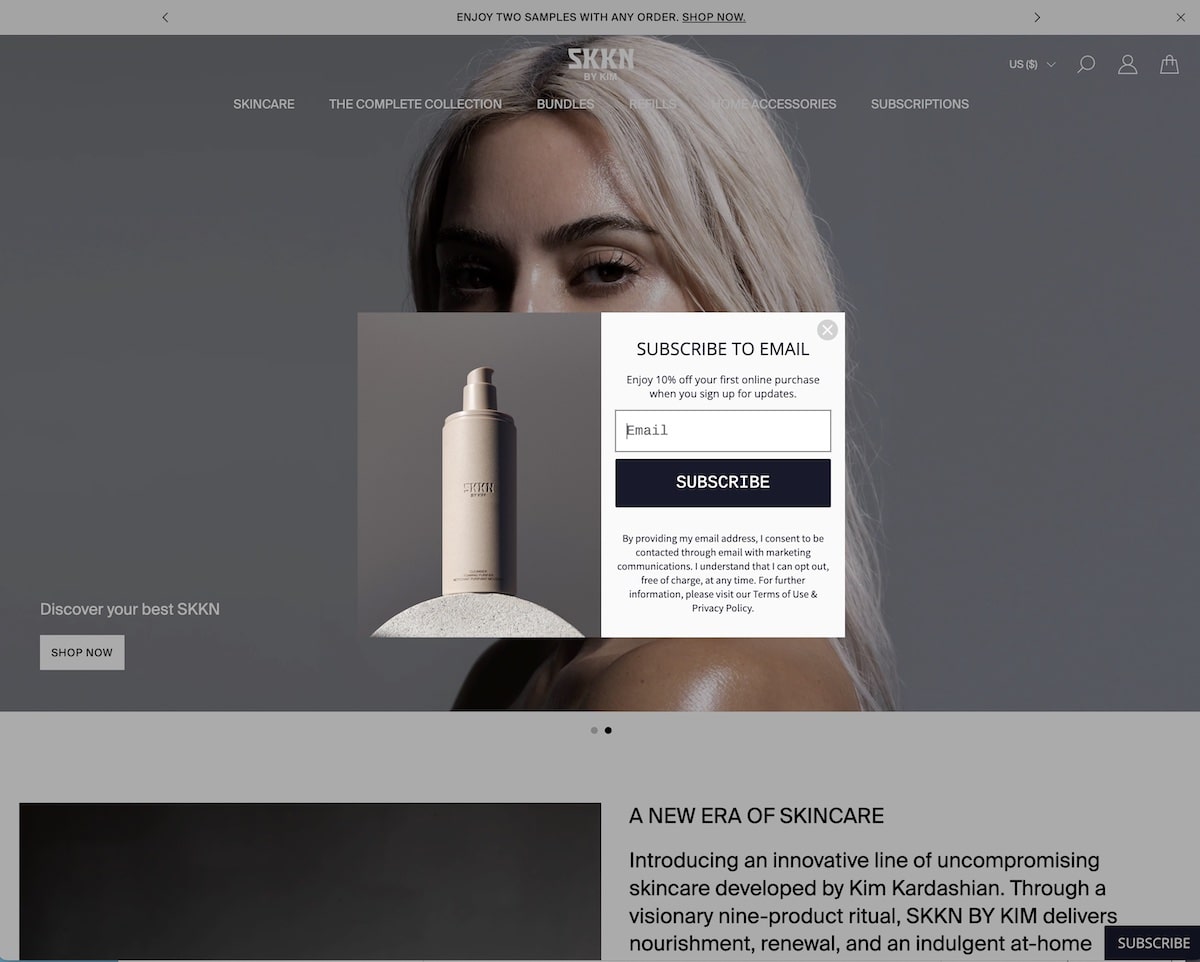 Popup mostrato sul sito web di Kim Kardashian