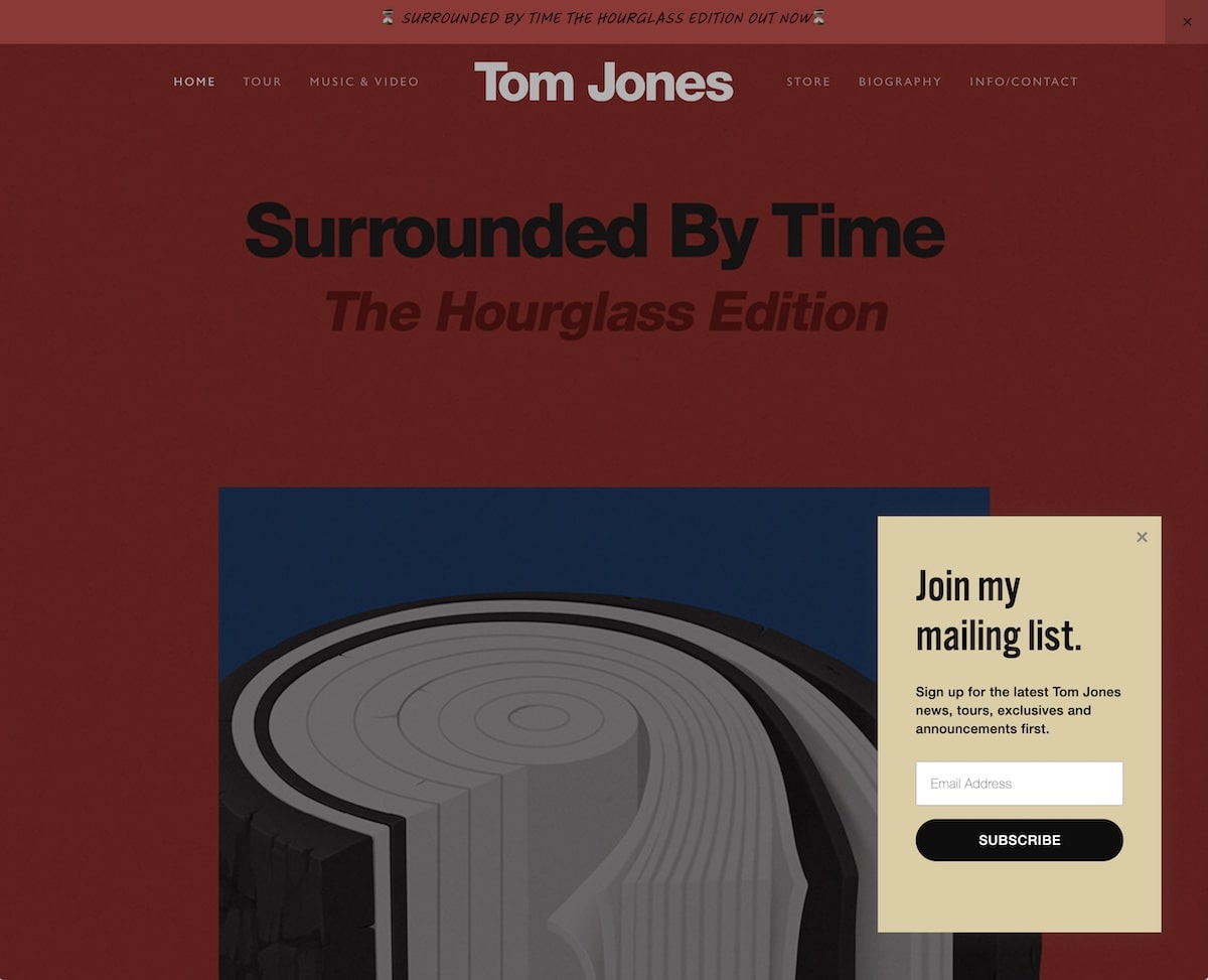 Popup mostrato sul sito web di Tom Jones
