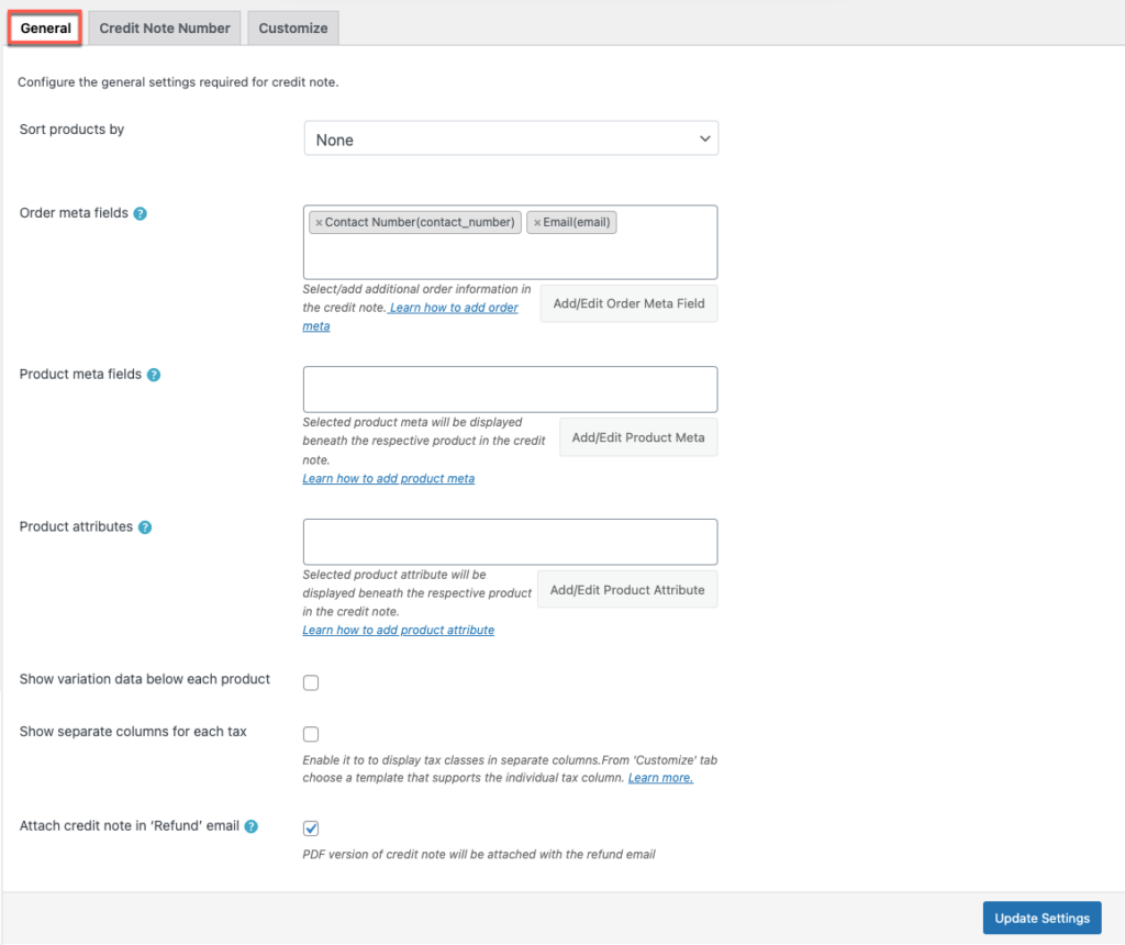 การตั้งค่าทั่วไปสำหรับใบลดหนี้ใน WooCommerce