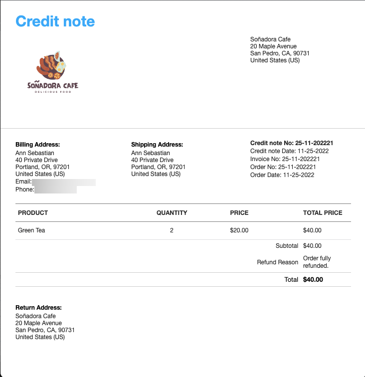 Ejemplo de nota de crédito en WooCommerce