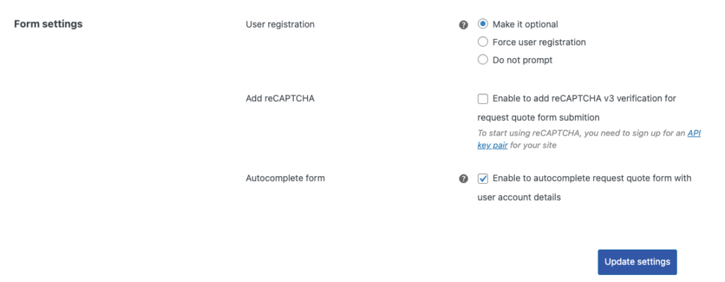 configurações de formulário da página de solicitação de cotação no WooCommerce
