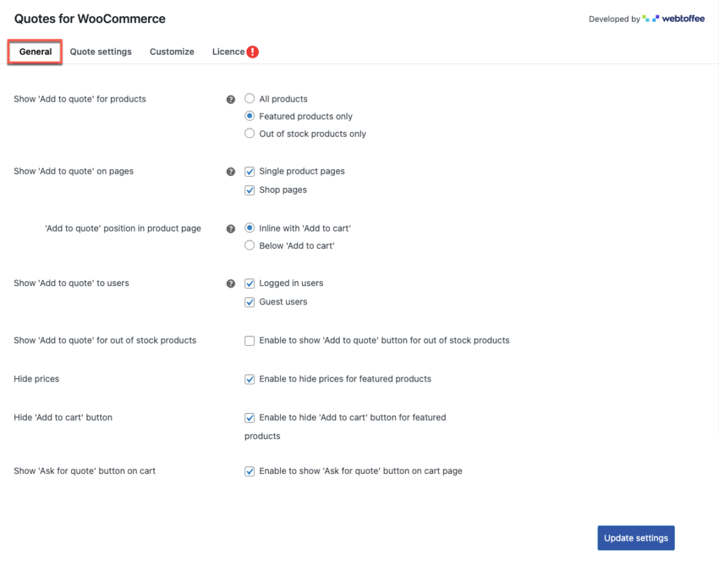 Configuration des paramètres généraux pour le devis