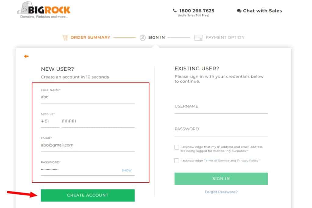 تسجيل دخول مستخدم جديد في BigRock
