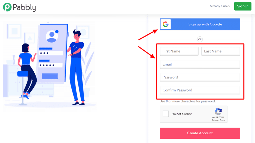 Processo di registrazione Pabbly Connect