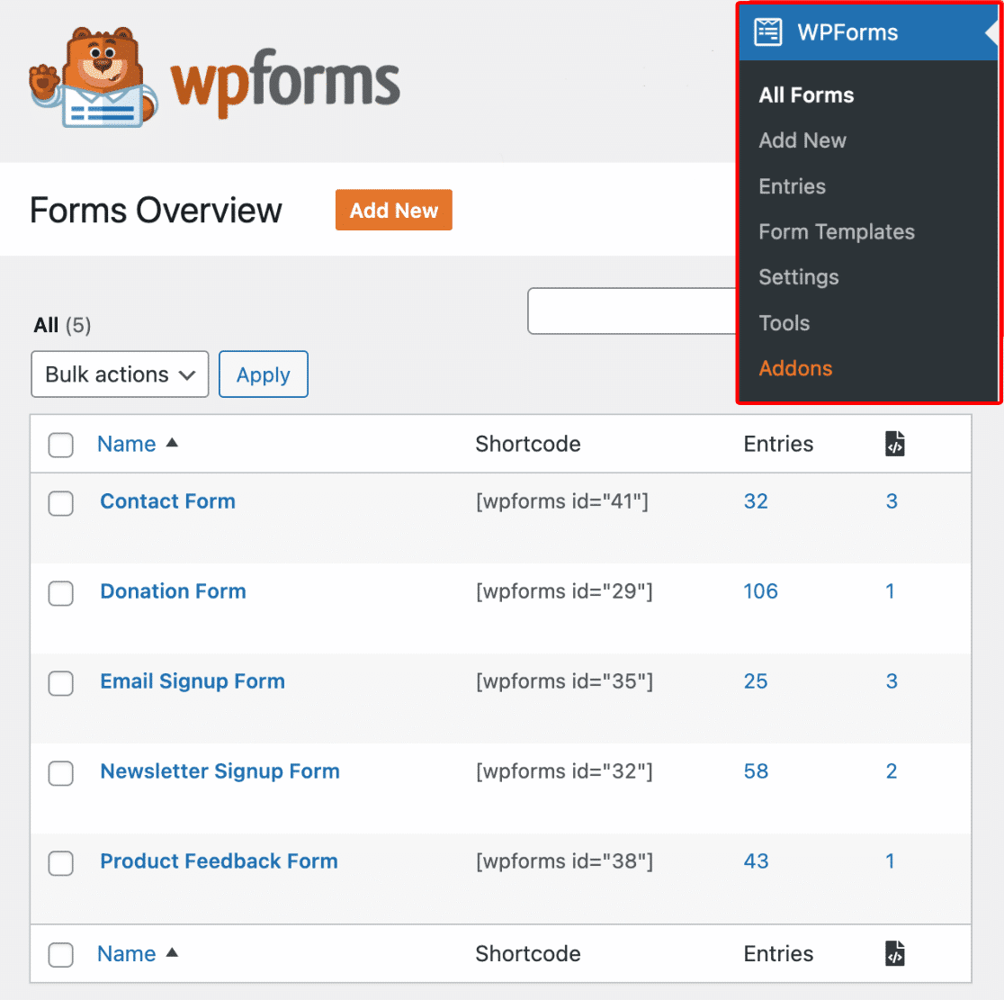 The WPForms Forms Overview page