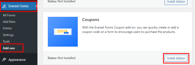 Campo Codice Coupon in WordPress Forms Installa Coupon Addon