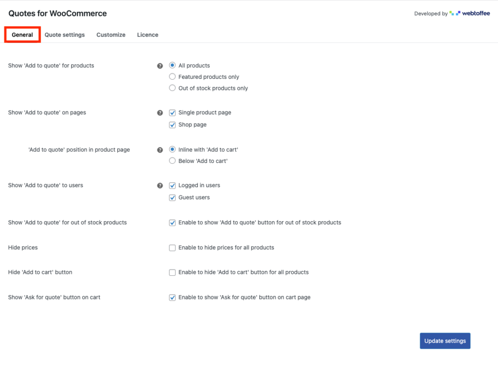 Impostazioni generali per WooCommerce Richiedi un preventivo plugin