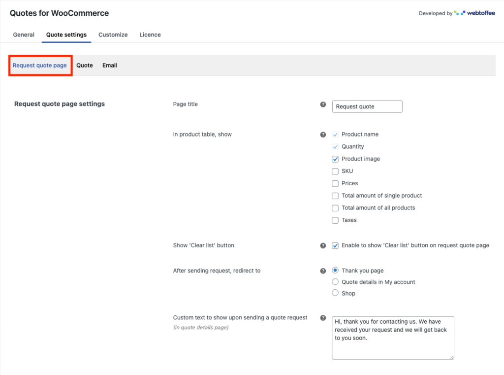Richiedi le impostazioni della pagina del preventivo