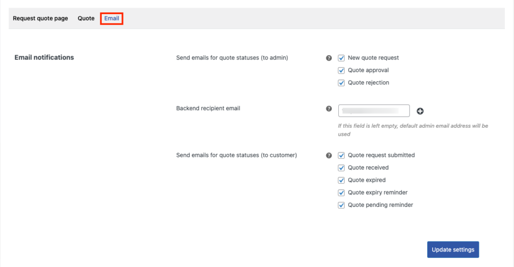 Impostazioni e-mail per la richiesta di preventivo WooCommerce