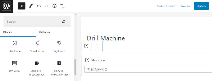 Aggiungi un blocco di shortcode