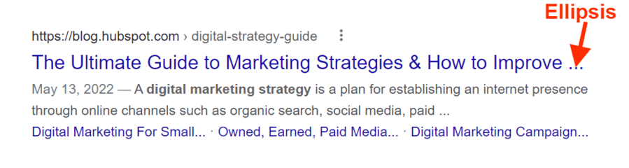 Ce este titlul unui site web? Acesta este un exemplu de titlu al site-ului Hubspot care este prea lung și afișează puncte suspensive în SERP.