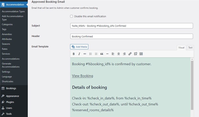 szablon wiadomości e-mail z rezerwacją zatwierdzony przez administratora