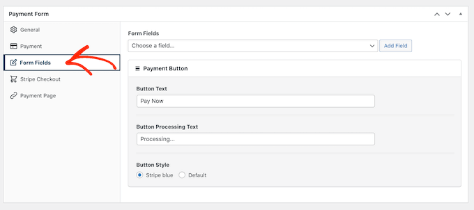 Configurações de campo de formulário do WP Simple Pay