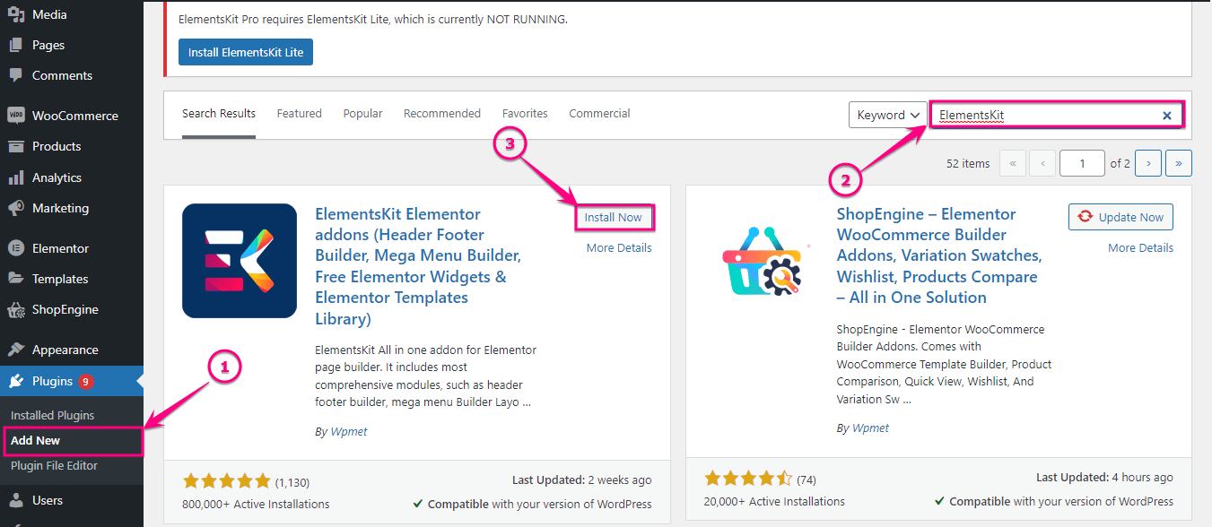قم بتثبيت ElementsKit ، WordPress قبل وبعد شريط التمرير