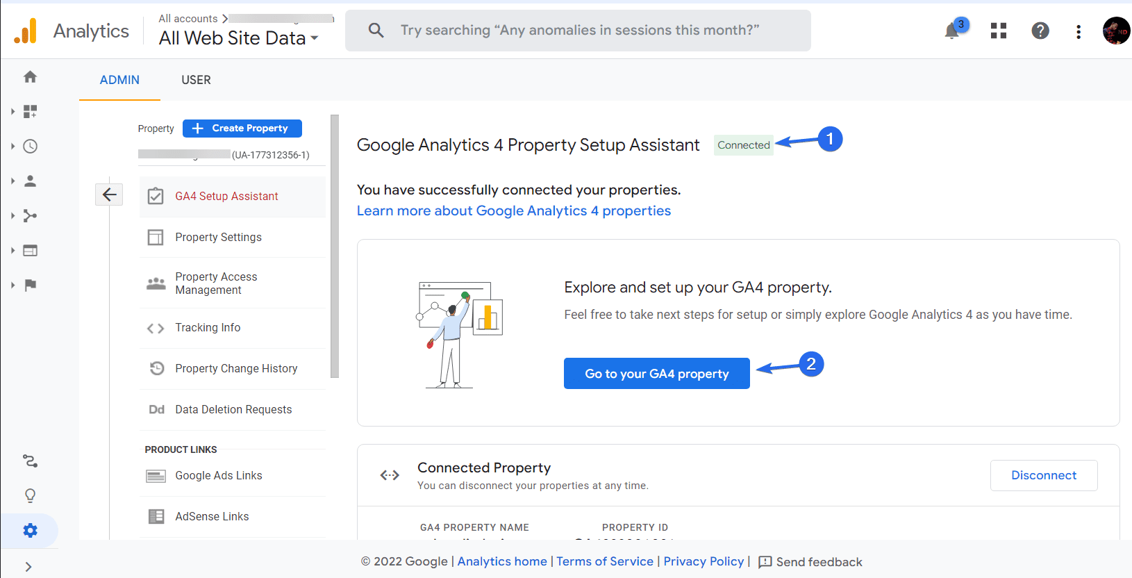 Faceți clic pe butonul Accesați proprietatea dvs. GA4