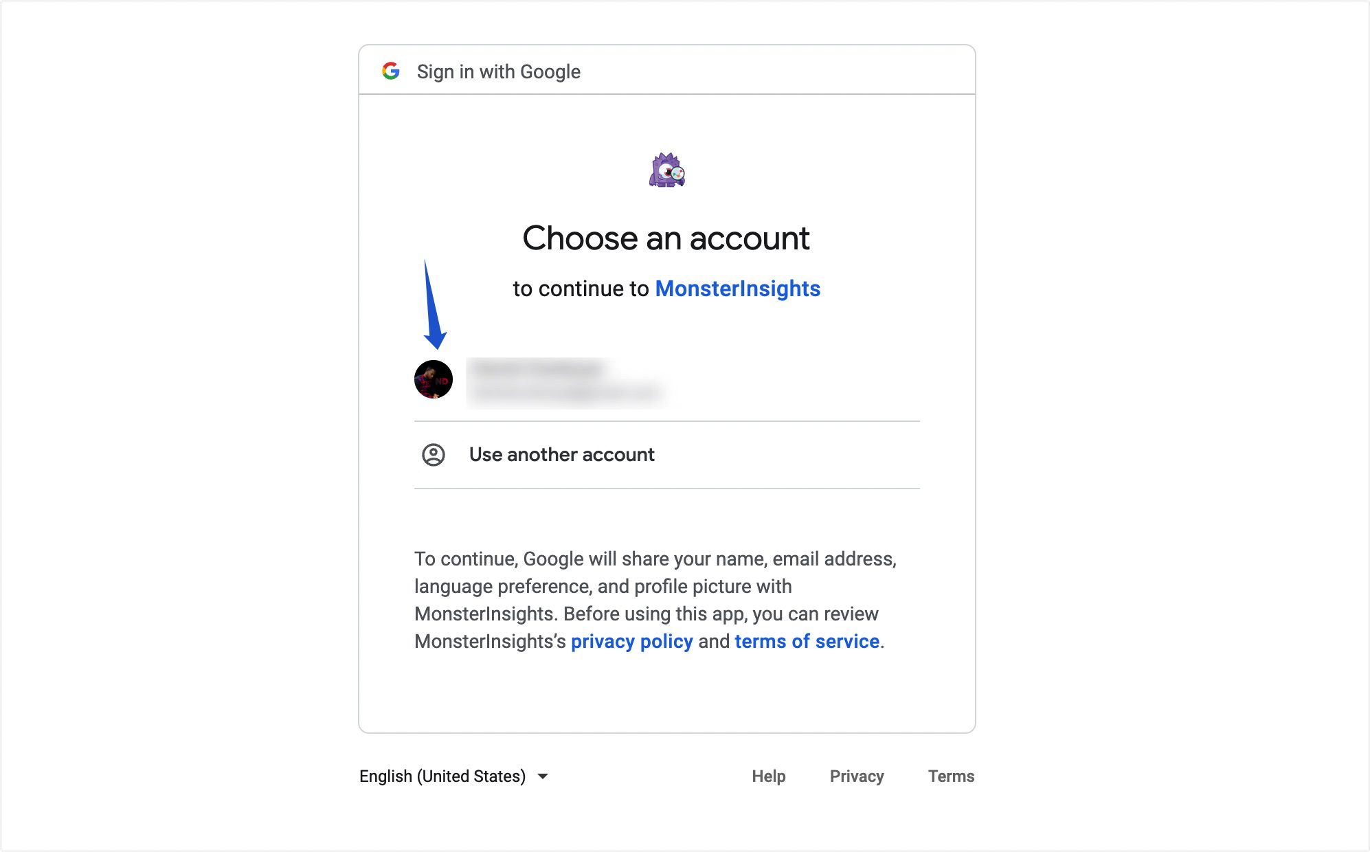 Alegeți contul Google conectat la proprietatea GA4