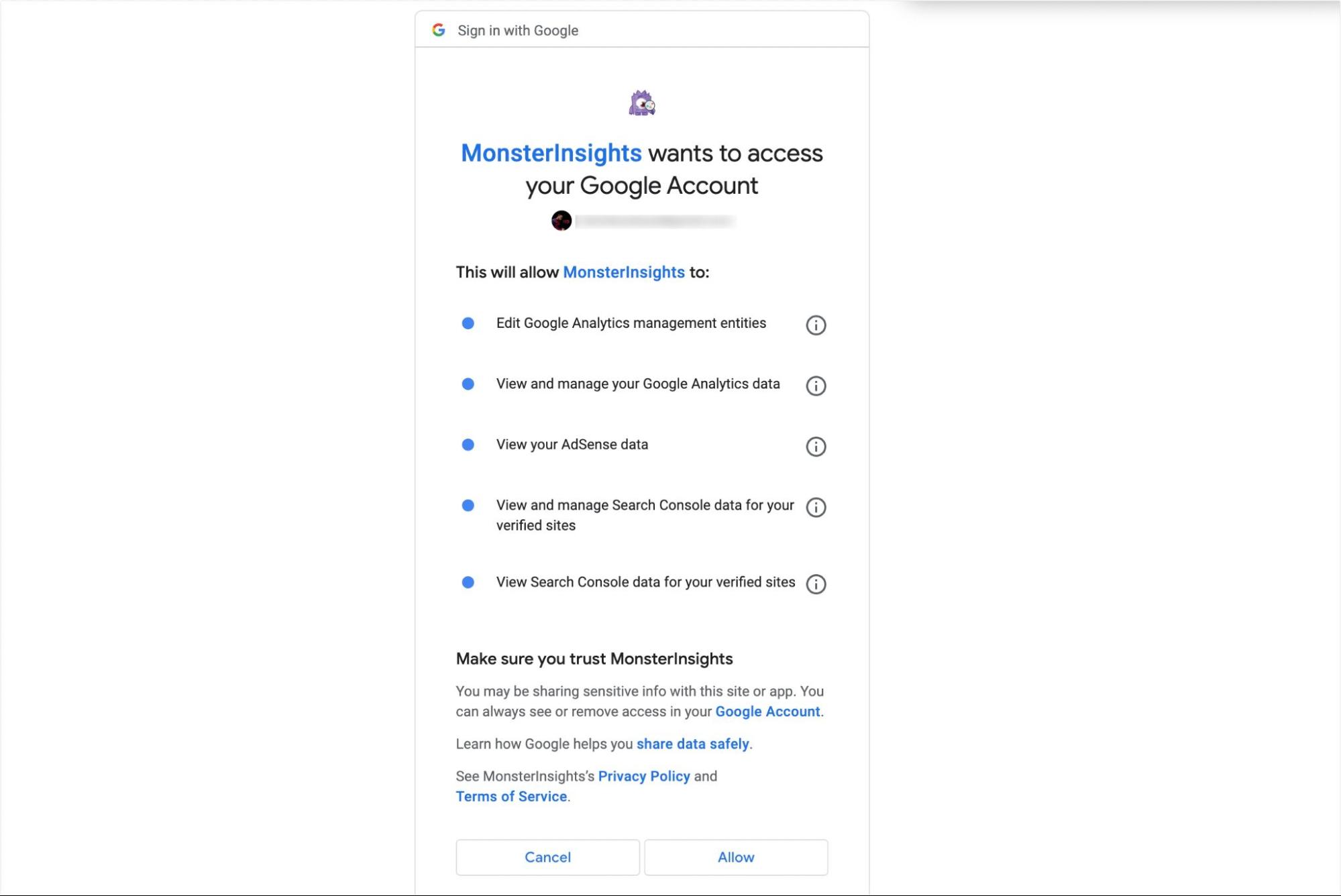 Acordați permisiunea MonsterInsights de a vă accesa contul Google