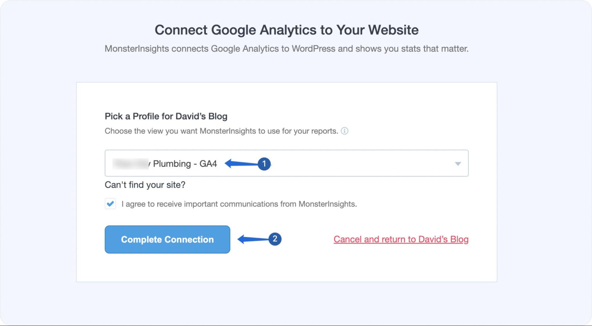 Selectați proprietatea dvs. Google Analytics 4
