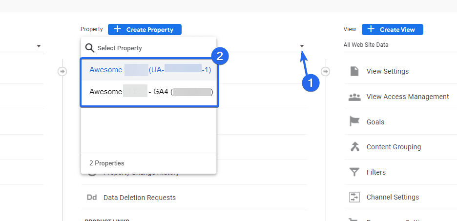 Alegeți între proprietatea Google Analytics 4 sau UA