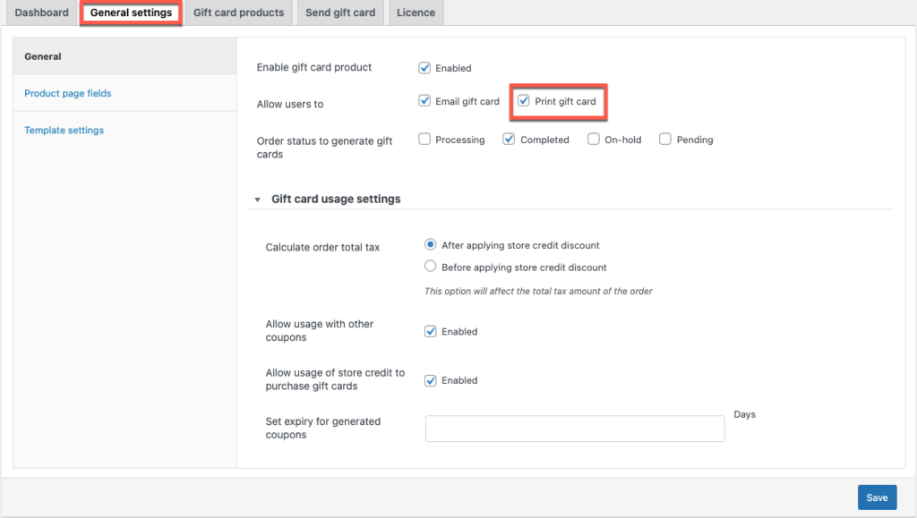 разрешить клиентам печатать подарочные карты WooCommerce