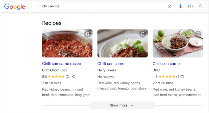 Google 搜索结果中的丰富网页摘要示例