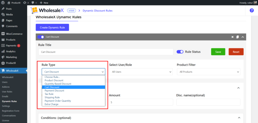 Como oferecer descontos no atacado com WholesaleX 18 WholesaleX Rule Type Cart Discount