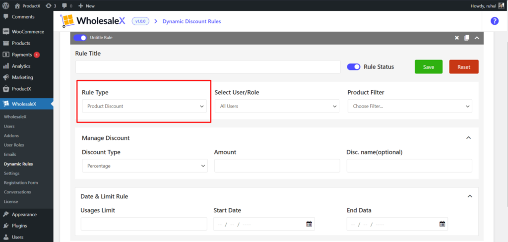 Como oferecer descontos no atacado com WholesaleX 5 WholesaleX Rule Type Selection Product Discount