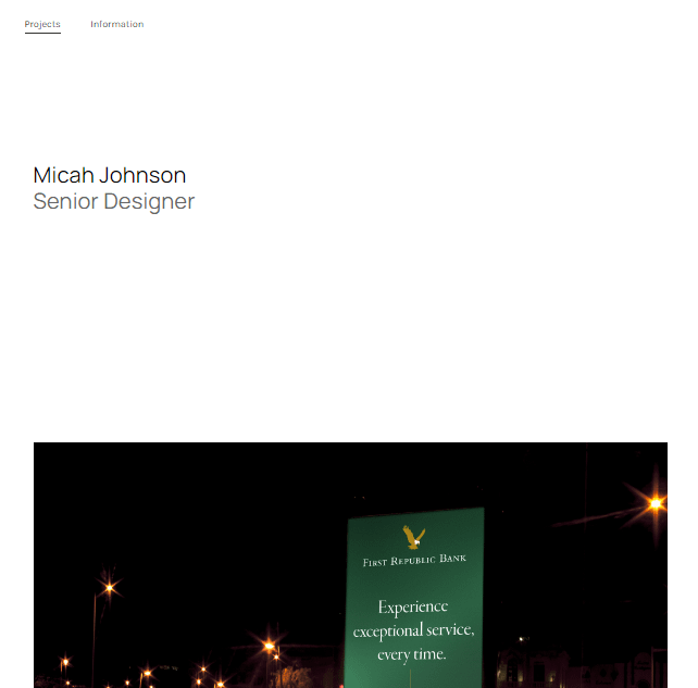 Micah Johnson의 웹사이트는 온라인 포트폴리오의 교과서적인 미니멀리스트 웹사이트 예입니다.