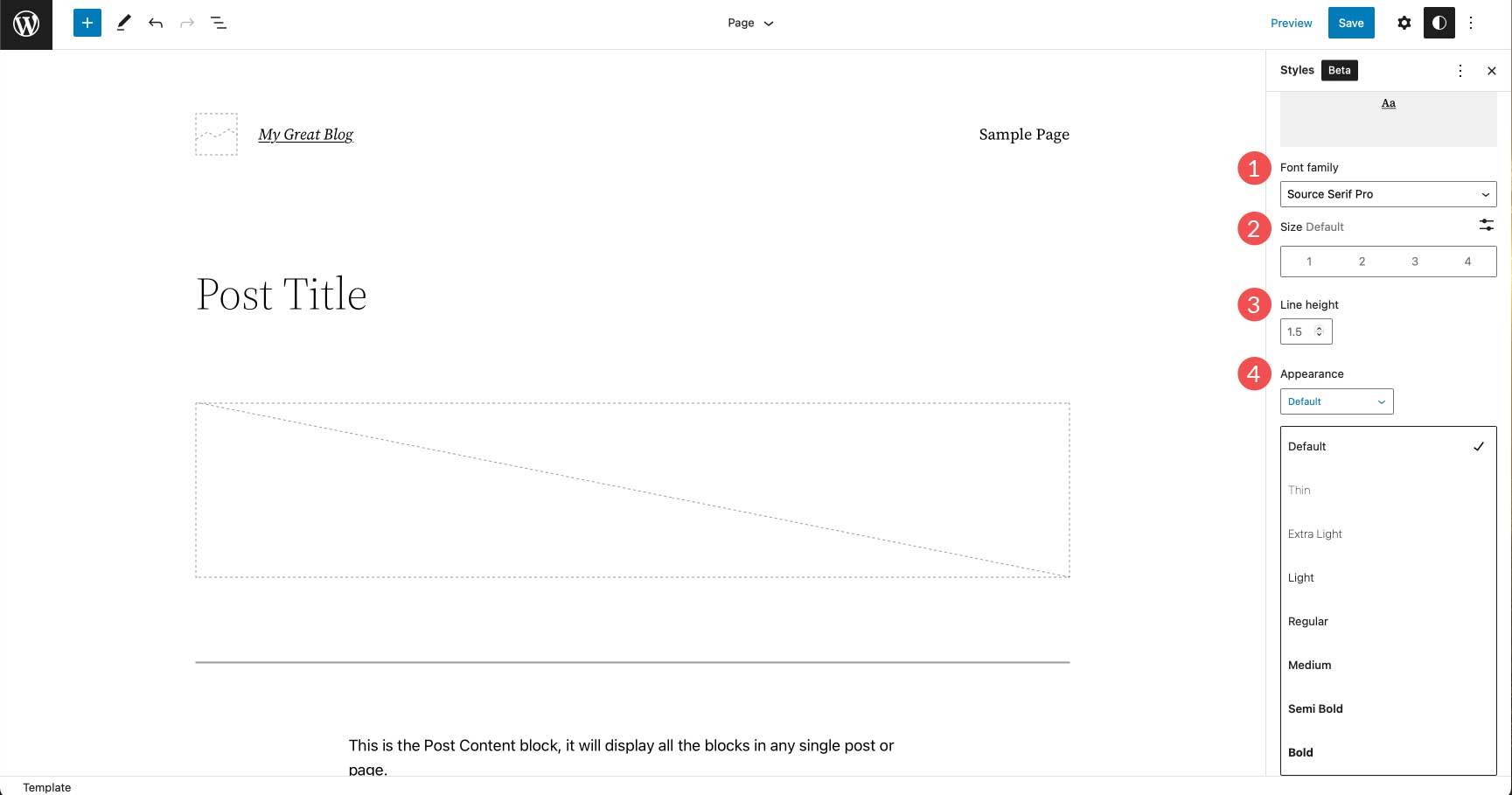 Opzioni dei caratteri dell'editor del sito