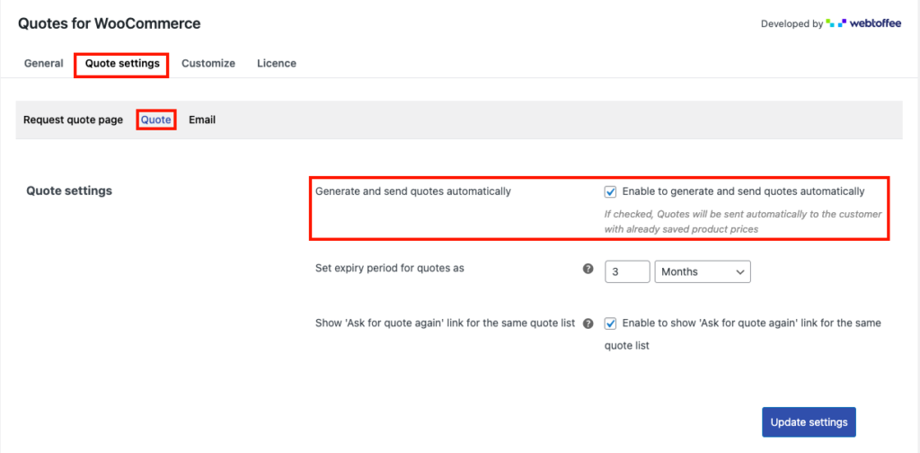 إعدادات الاقتباس لـ WooCommerce