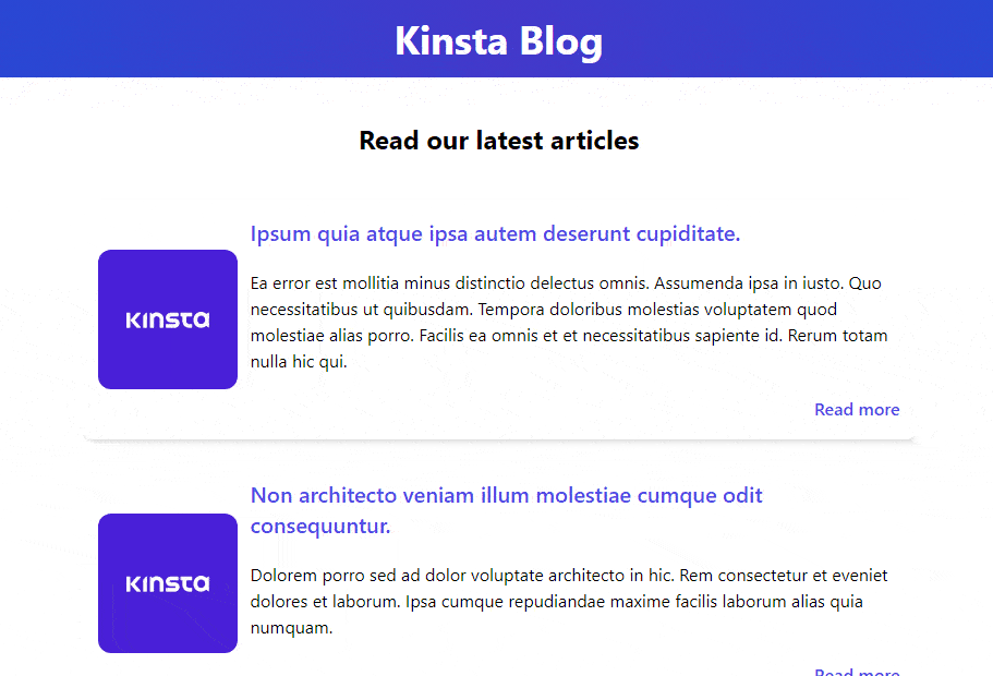 Прокручивающееся изображение, показывающее функционирующую версию примера «Блог Kinsta» из предыдущего.