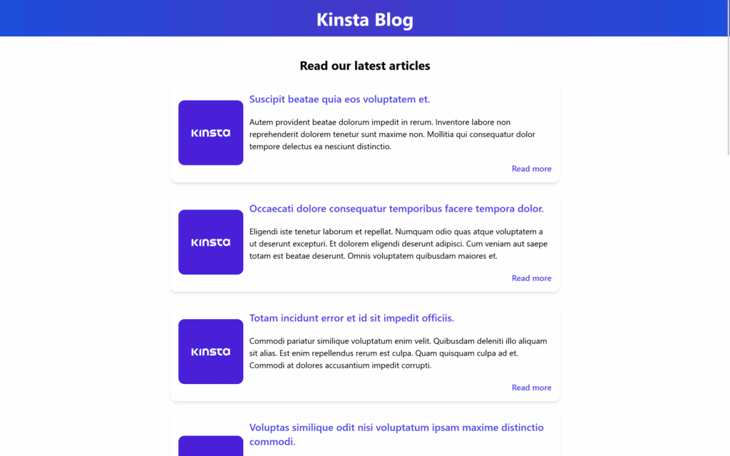 Halaman sederhana dengan "Blog Kinsta" di spanduk biru di bagian atas dan satu baris kartu artikel contoh.