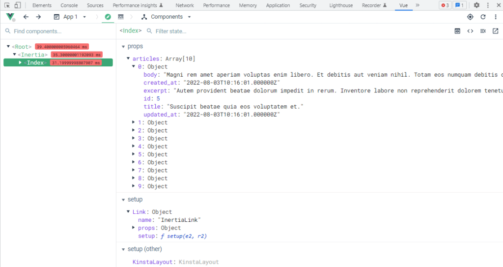 열린 페이지의 Inertia 속성 목록을 보여주는 Chrome의 Vue DevTools 확장 프로그램.