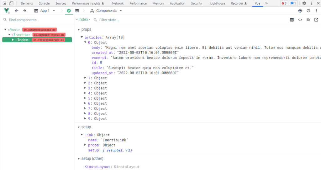 Extensão Vue DevTools do Chrome mostrando uma lista de propriedades de inércia para a página aberta.