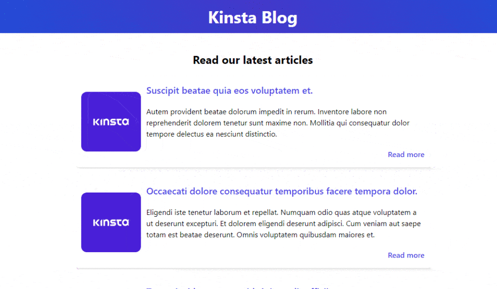 Die Beispielseite „Kinsta Blog“ zeigt Artikelkarten mit funktionierenden Links.