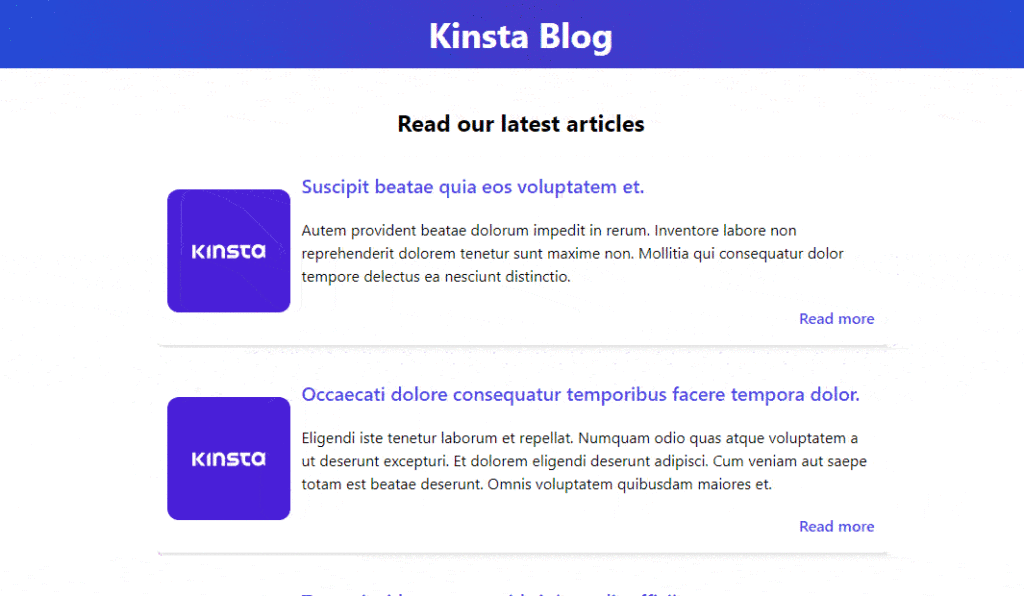 Contoh halaman "Blog Kinsta" menampilkan kartu artikel dengan tautan yang berfungsi.