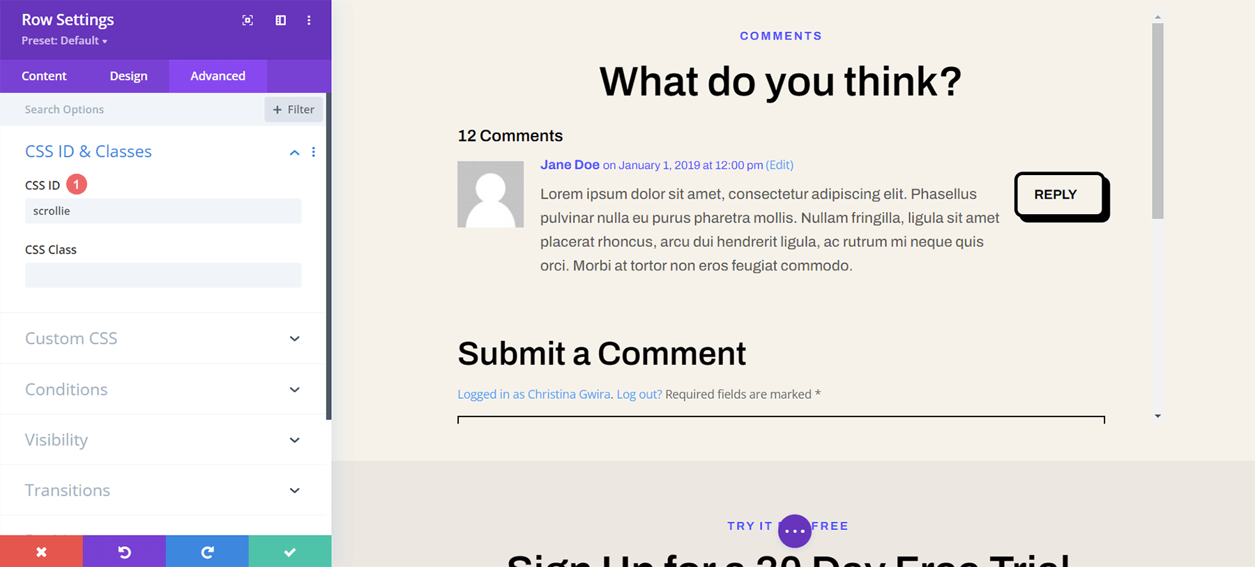 Ajoutez un ID CSS à la ligne pour préparer le style des commentaires défilants dans Divi