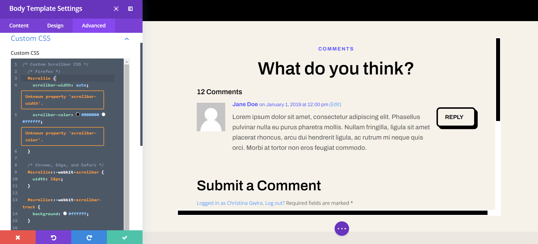 CSS personalizzato per commenti scorrevoli in Divi