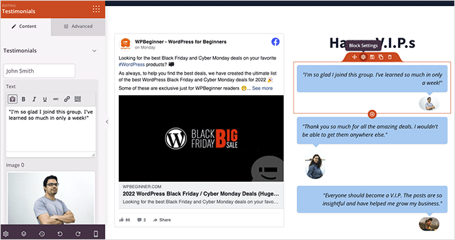 настройки блока отзывов - SeedProd Testimonials block settings